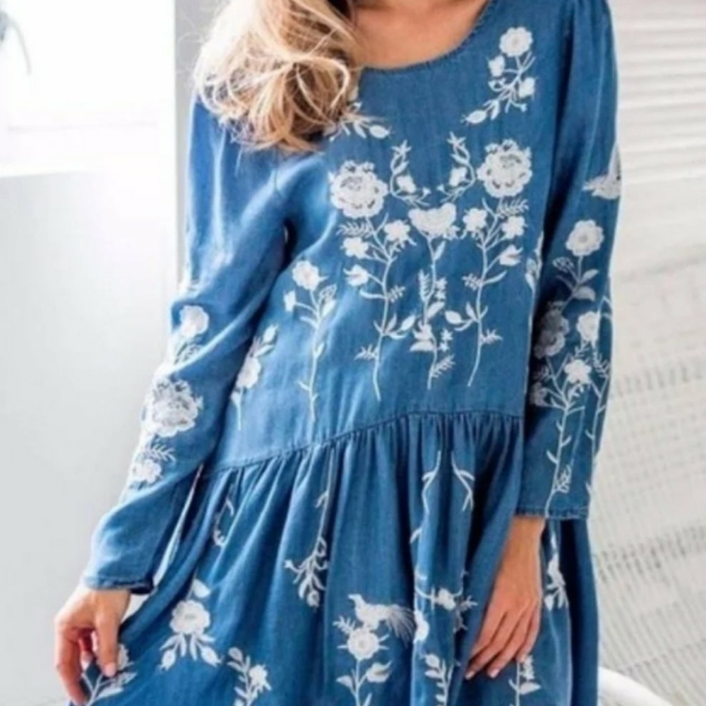 Versona Embroidered Chambray Long Sleeve Dress - Picture 1 of 8